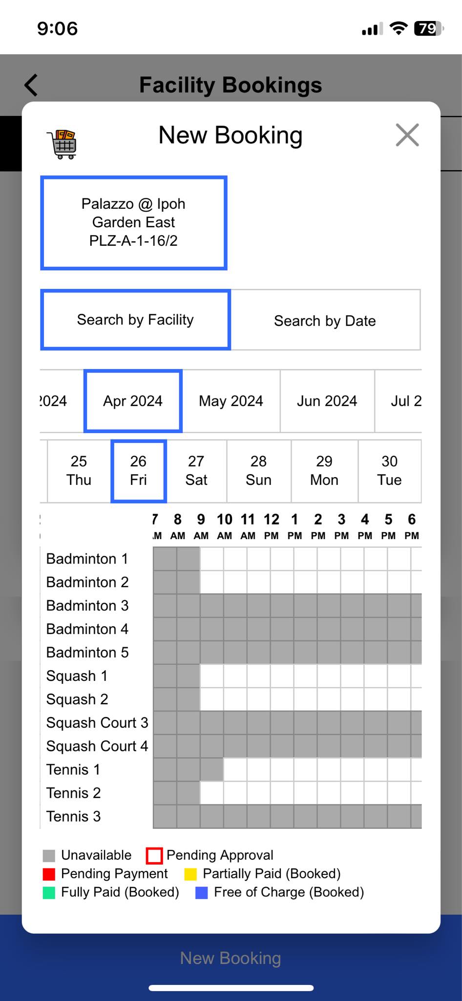 Facility Bookings App - Select Facility Type, Date and Time